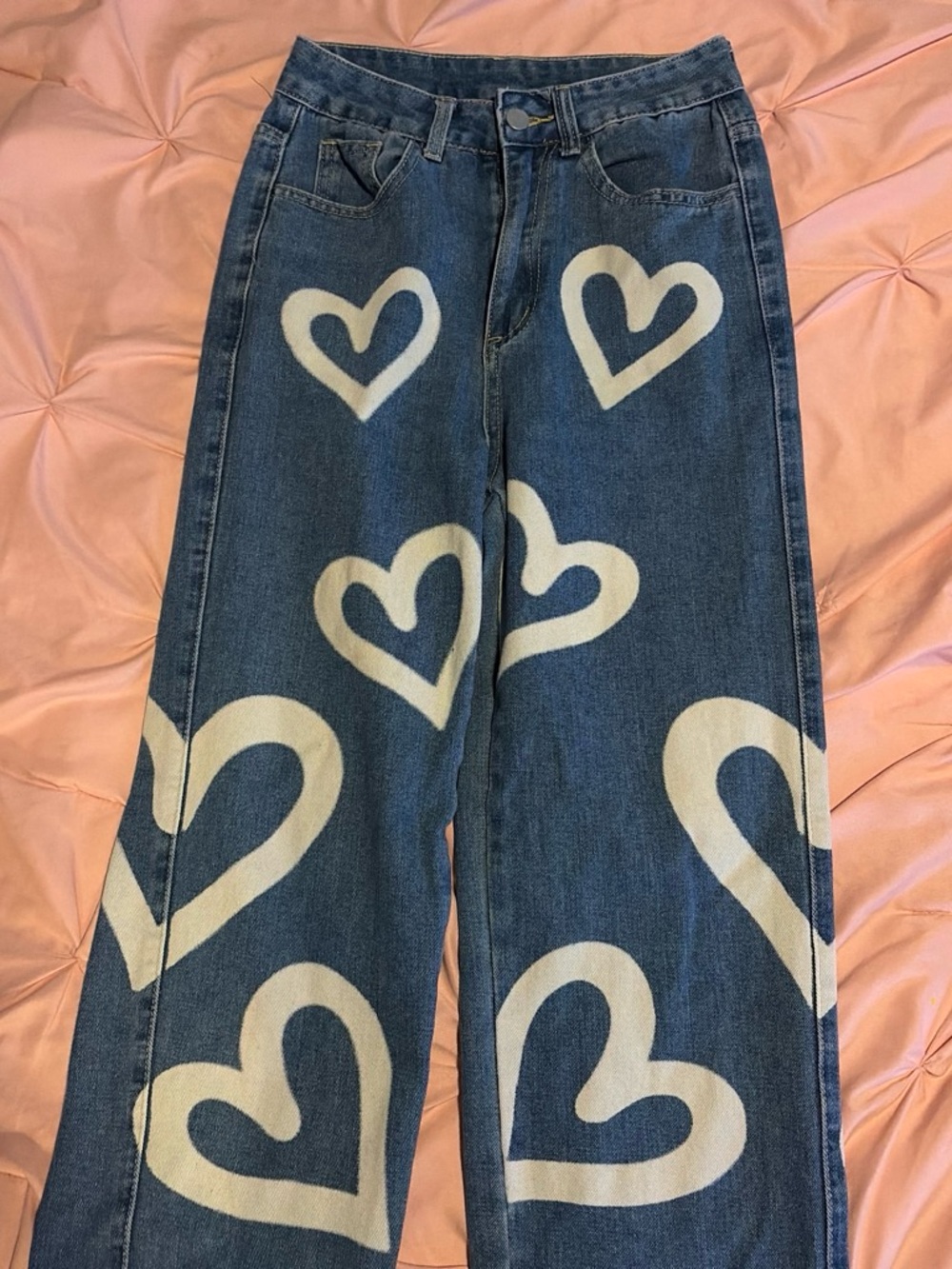 Amazon Women's Blue Denim High-Rise Jeans with White Heart Motif